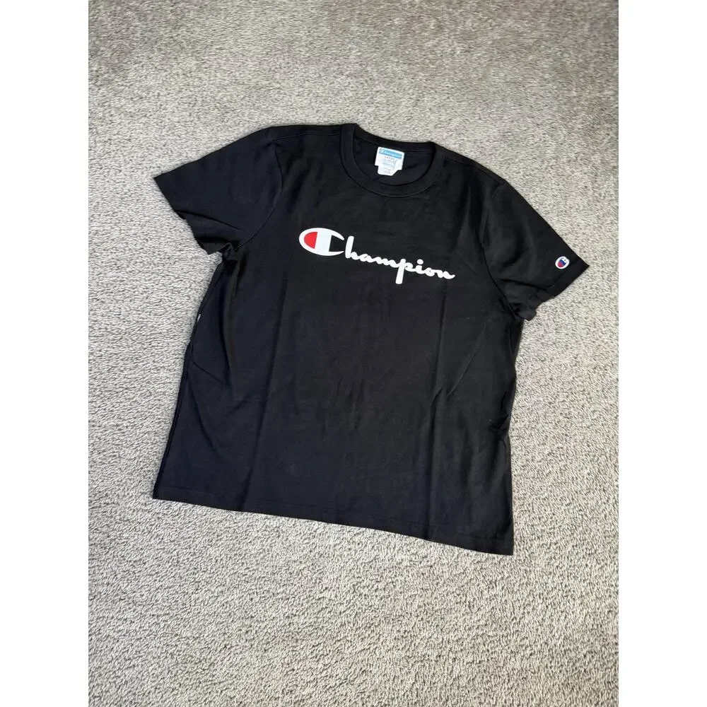 Champion Shirt Mens L Black Script Logo Graphic Crew Neck Cotton Jersey - Picture 2 of 9